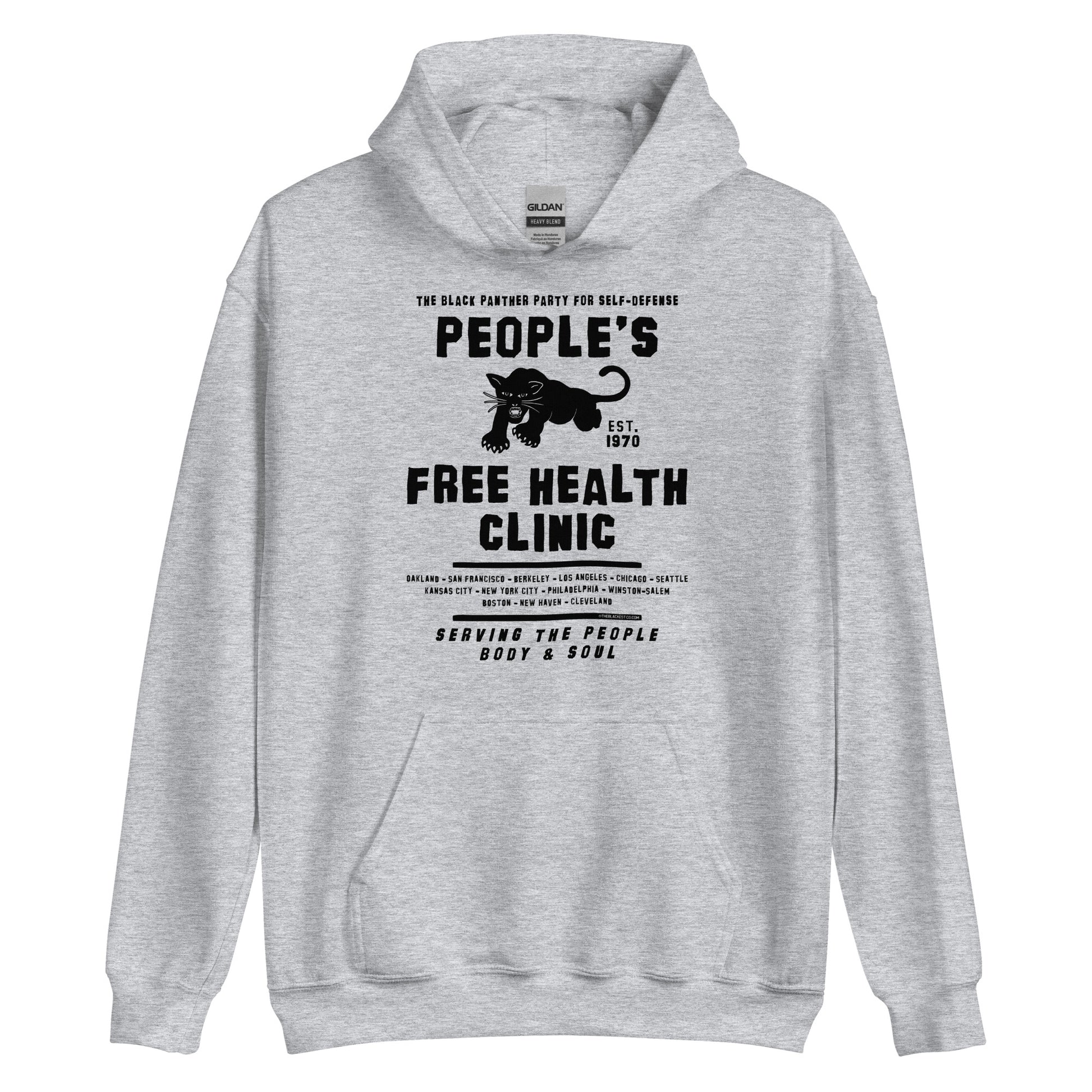 Light gray unisex hoodie with People's Free Health Clinic design