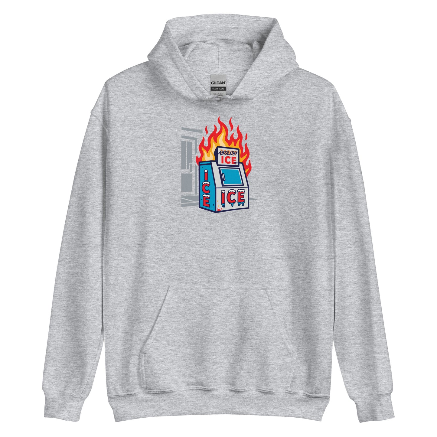 Heather gray Abolice ICE Unisex Hoodie with graphic of ICE machine on fire. Comfortable pullover for activist and protest apparel.