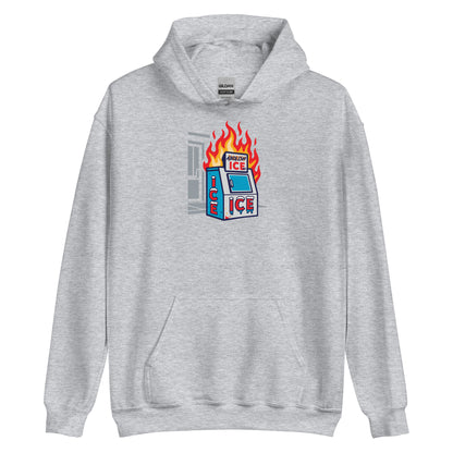 Heather gray Abolice ICE Unisex Hoodie with graphic of ICE machine on fire. Comfortable pullover for activist and protest apparel.