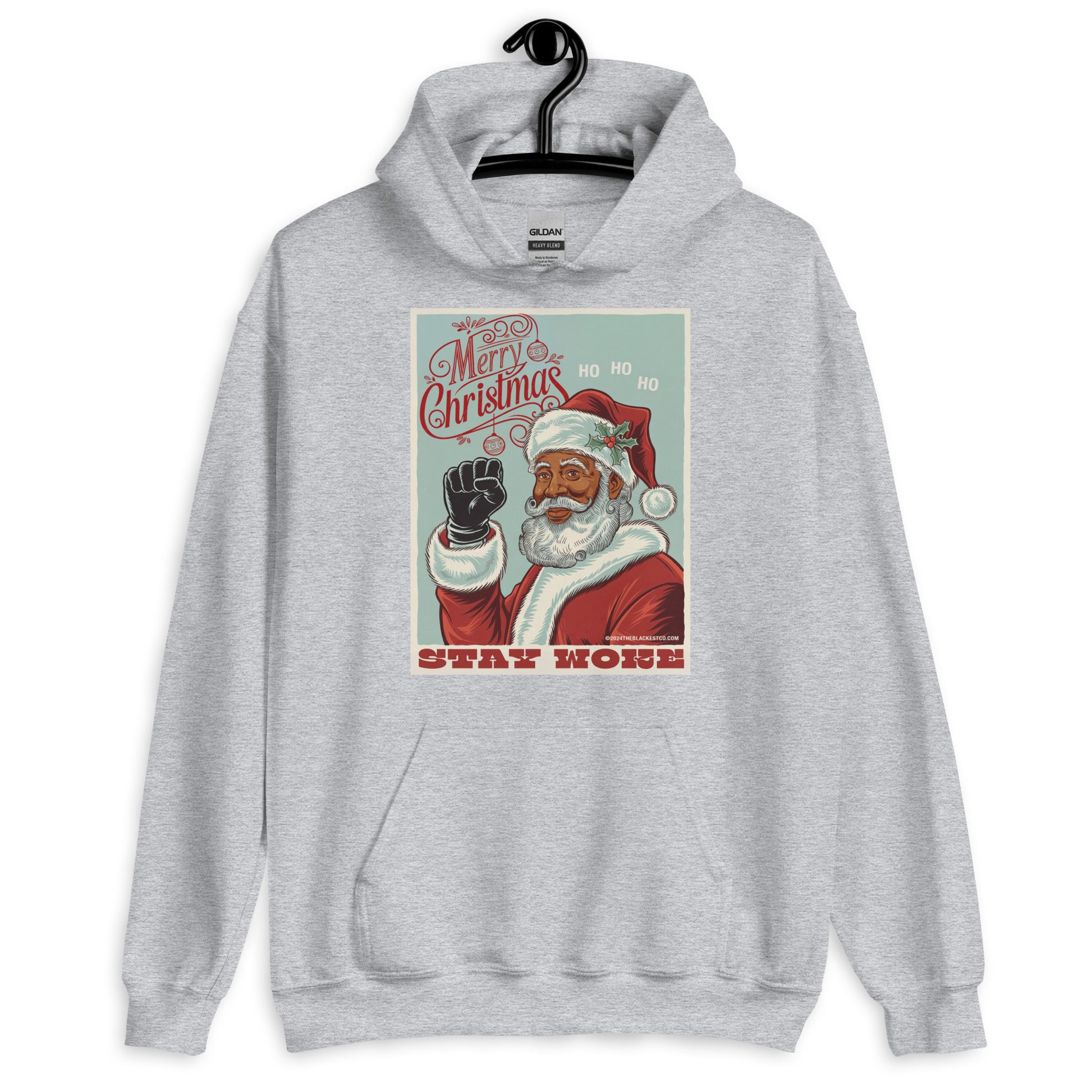 Heather gray Black Santa Stay Woke Unisex Hoodie on hanger, blending soft neutral tones with cultural holiday message for inclusive fashion.