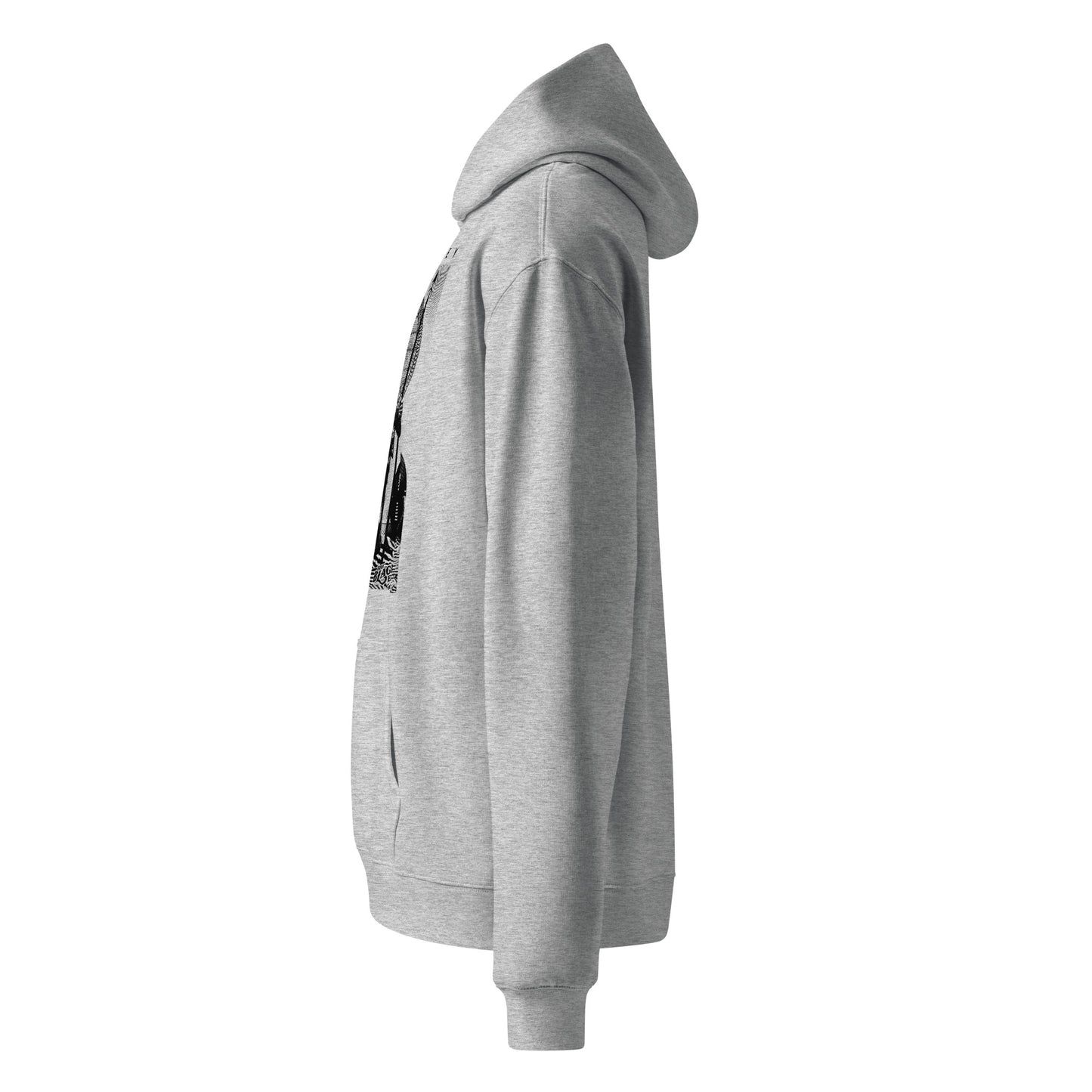 a grey hoodie with a black and white image of huey p newton on it