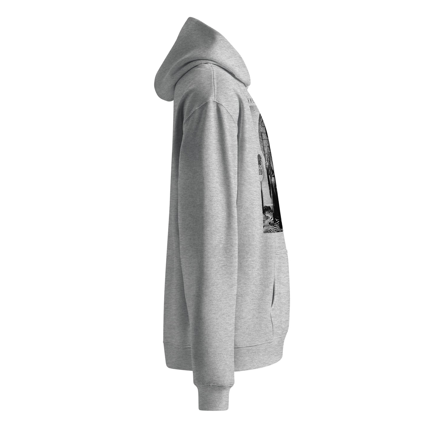 a grey hoodie with a black and white picture on the front of it