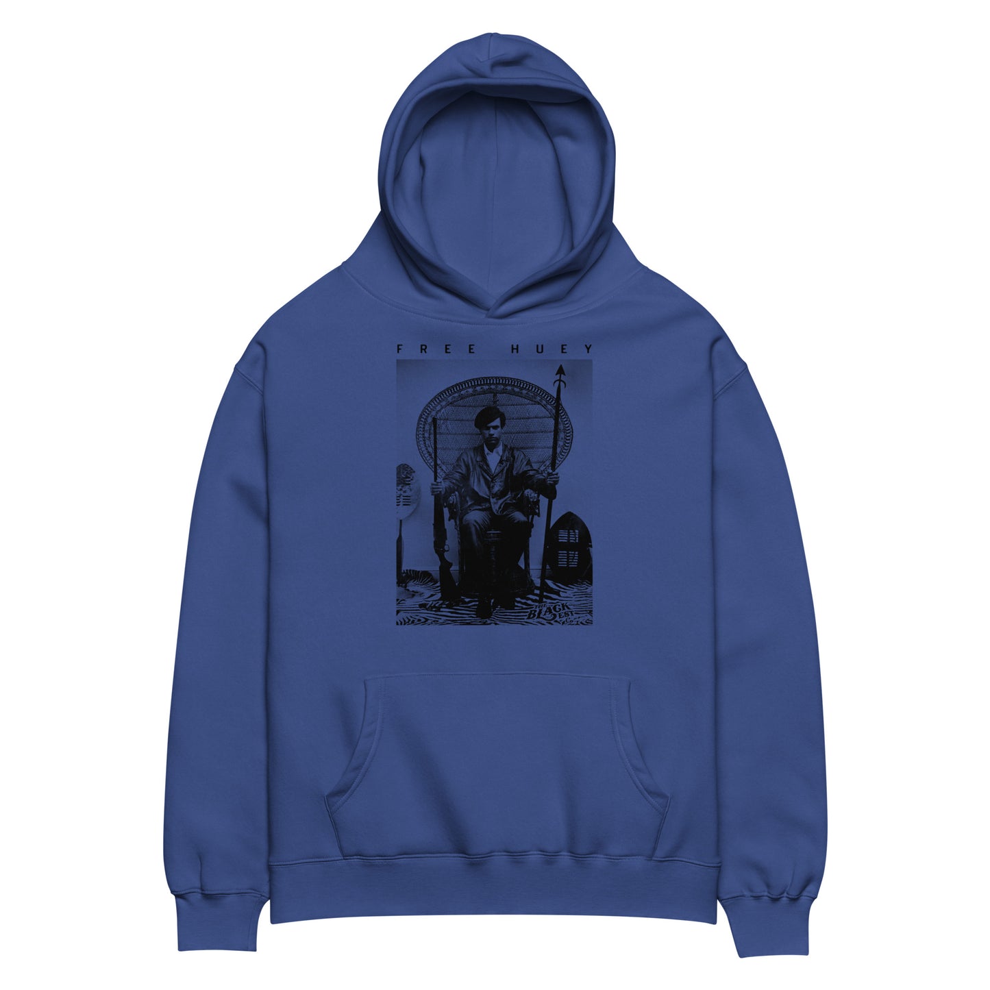 a blue hoodie with a picture of huey p newton sitting on a wicker chair