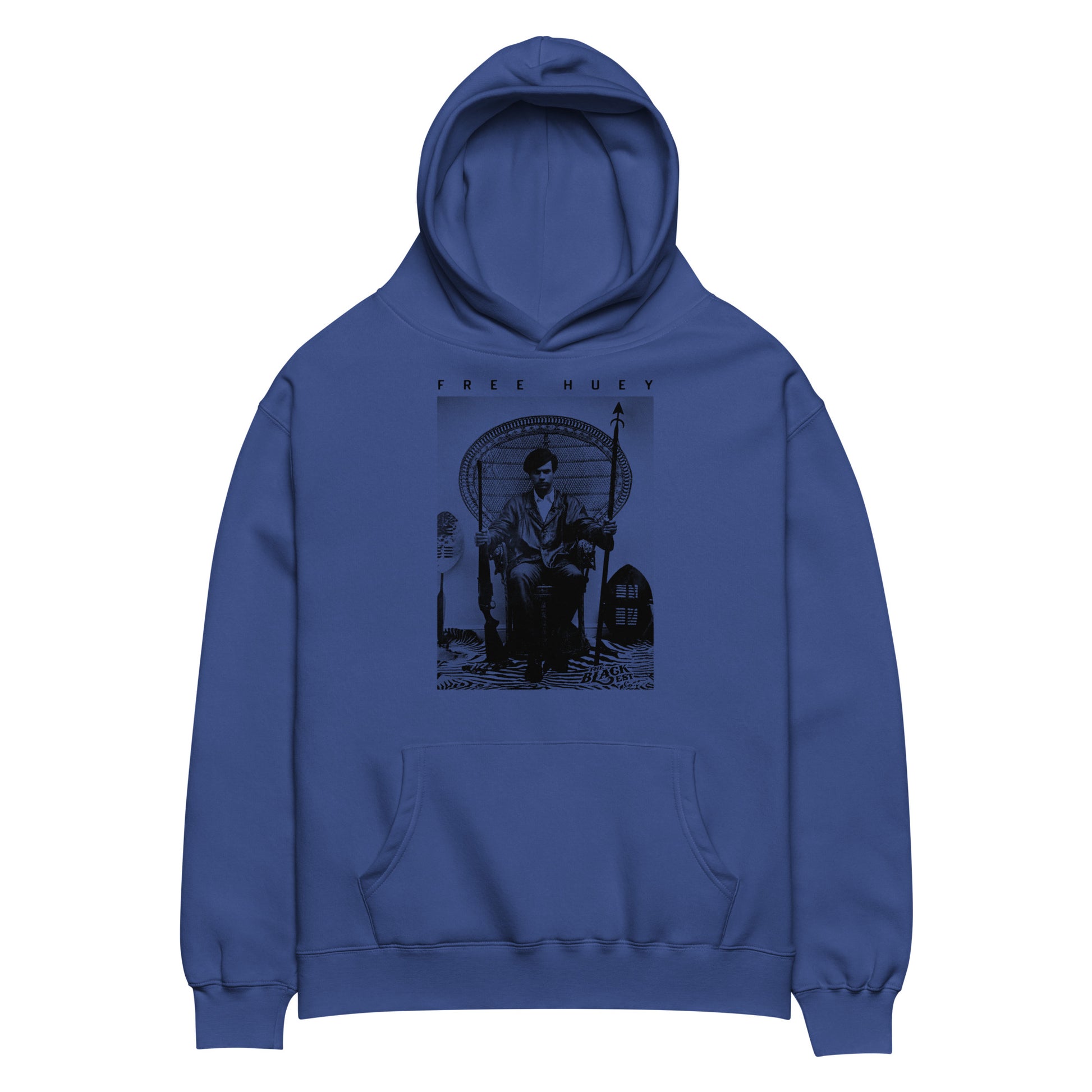 a blue hoodie with a picture of huey p newton sitting on a wicker chair
