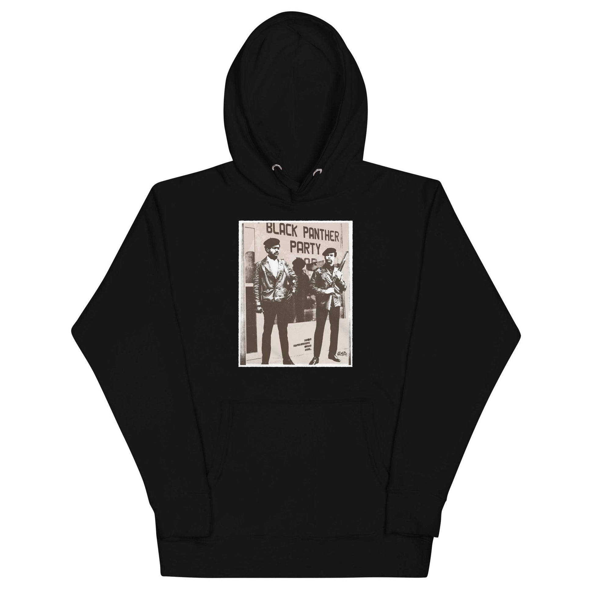 a black hoodie with a picture of two men on it