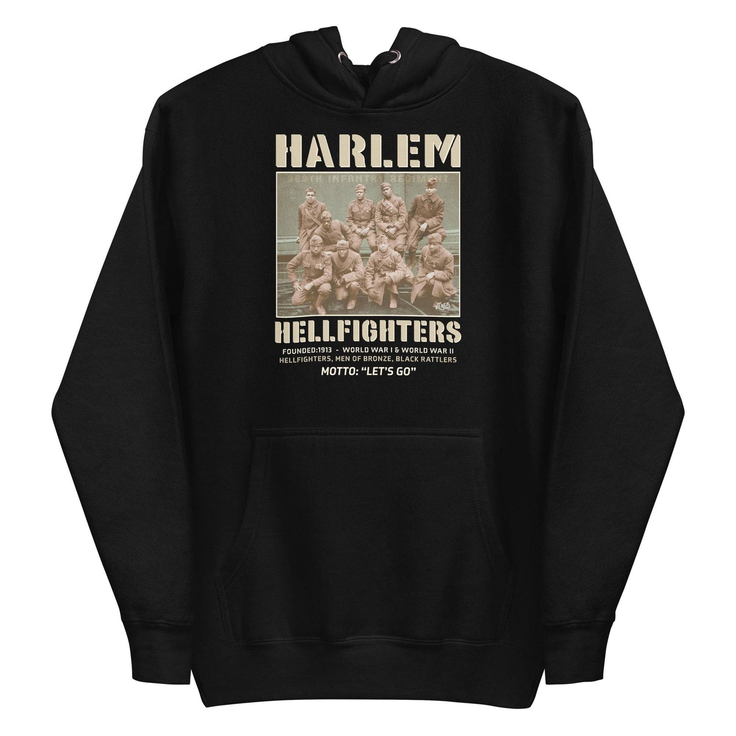 black pullover hoodie with vintage image of the wwi soldiers and text that reads harlem hellfighters
