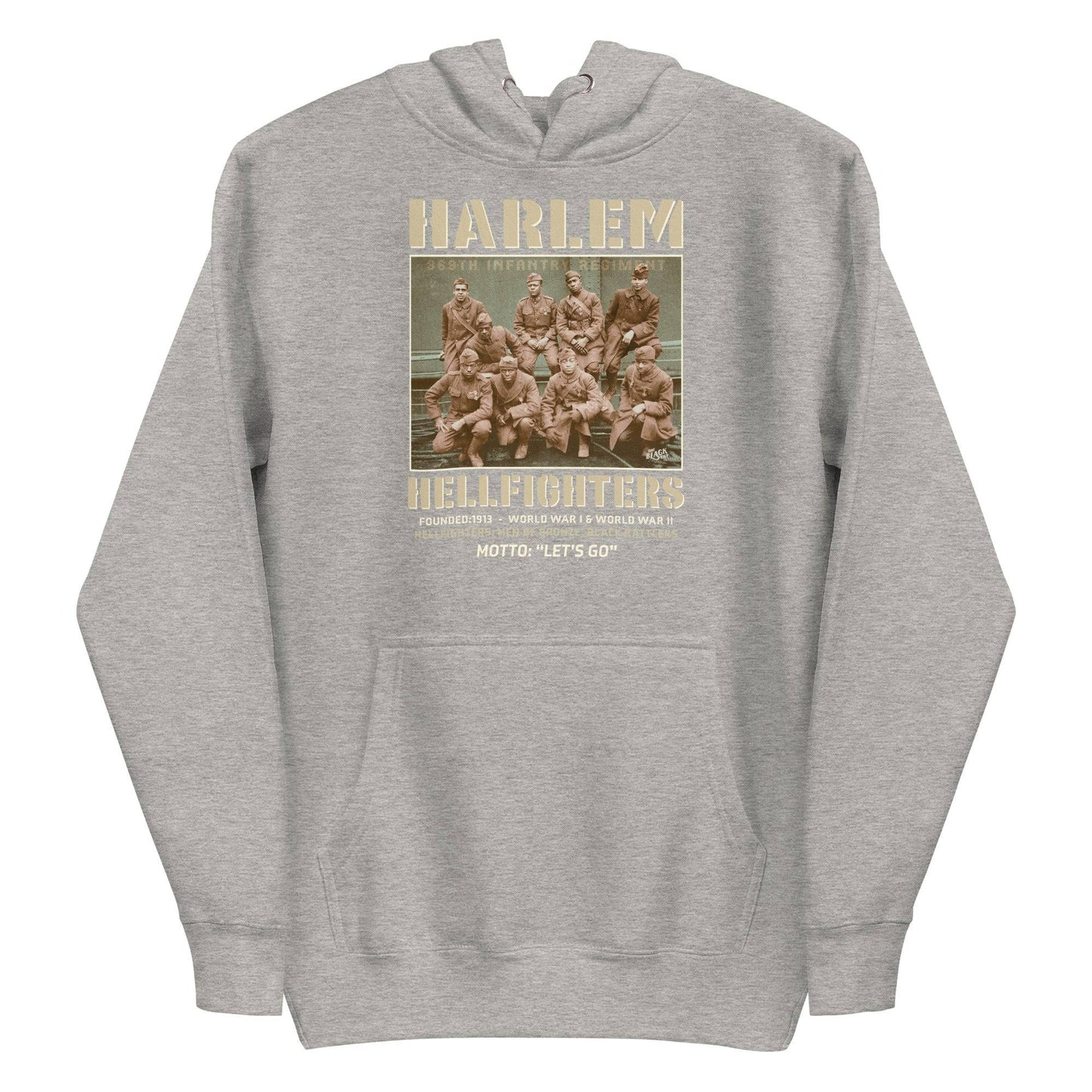 heather grey pullover hoodie with vintage image of the wwi soldiers and text that reads harlem hellfighters