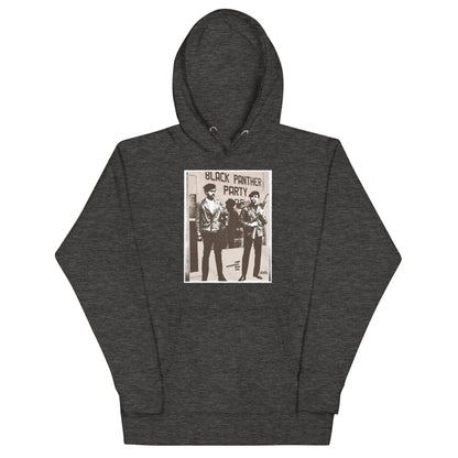 a dark grey hooded sweatshirt with a picture of two men on it