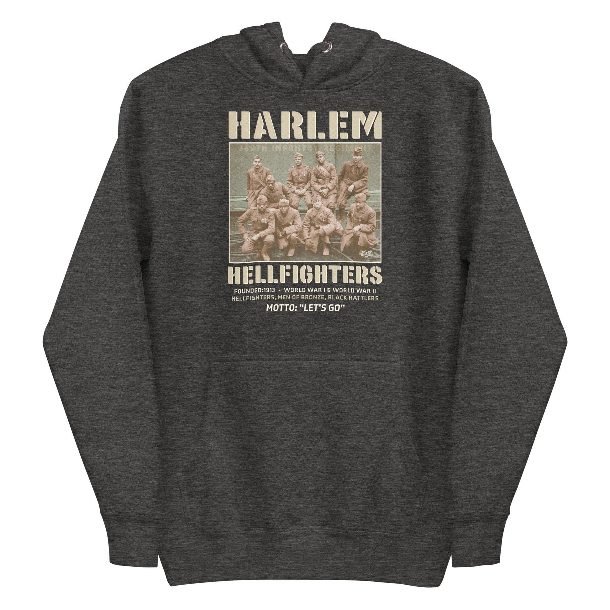 dark grey pullover hoodie with vintage image of the wwi soldiers and text that reads harlem hellfighters