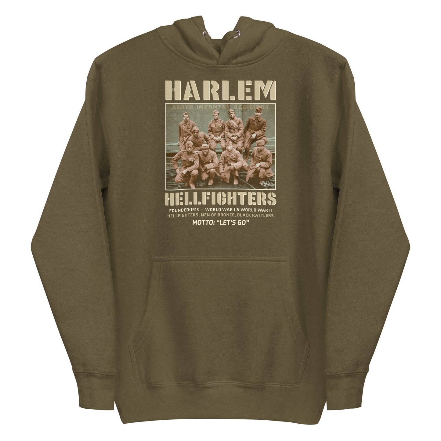 olive green pullover hoodie with vintage image of the wwi soldiers and text that reads harlem hellfighters