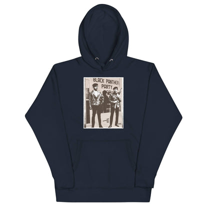a navy blue hooded sweatshirt with a picture of two men standing next to each other