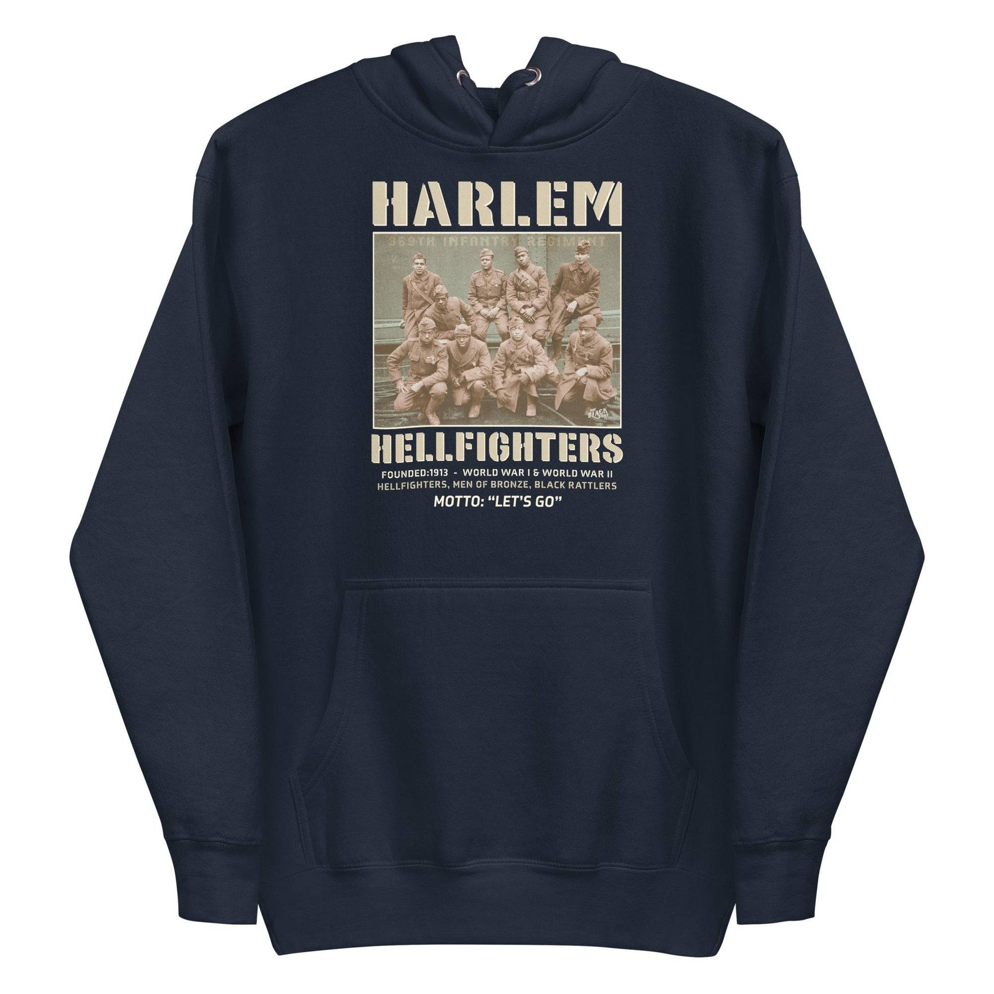 navy pullover hoodie with vintage image of the wwi soldiers and text that reads harlem hellfighters