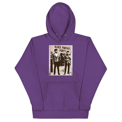 a purple hoodie with a picture of two men on it