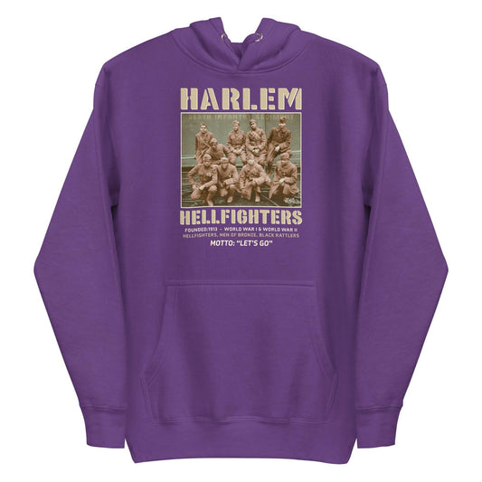 purple pullover hoodie with vintage image of the wwi soldiers and text that reads harlem hellfighters