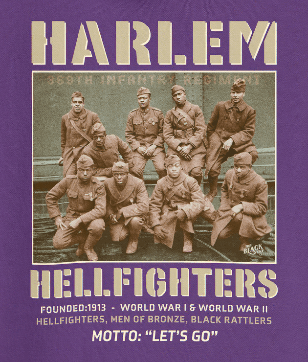 close up view of purple pullover hoodie with vintage image of the wwi soldiers and text that reads harlem hellfighters
