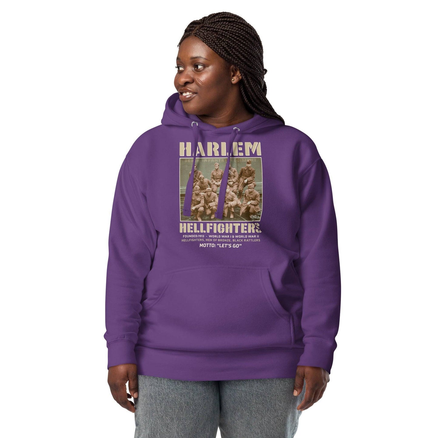 black woman wearing purple pullover hoodie with vintage image of the wwi soldiers and text that reads harlem hellfighters