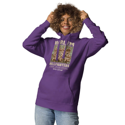 woman wearing purple pullover hoodie with vintage image of the wwi soldiers and text that reads harlem hellfighters
