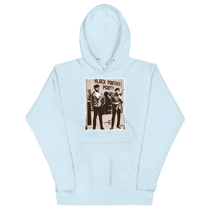 a light blue hoodie with a picture of two men standing next to each other
