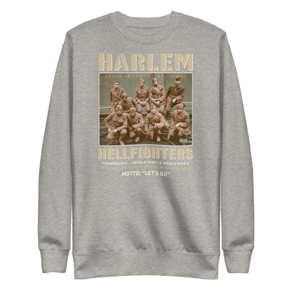 athletic heather grey premium sweatshirt with a vintage image of wwi soldiers with text that reads harlem hellfighters