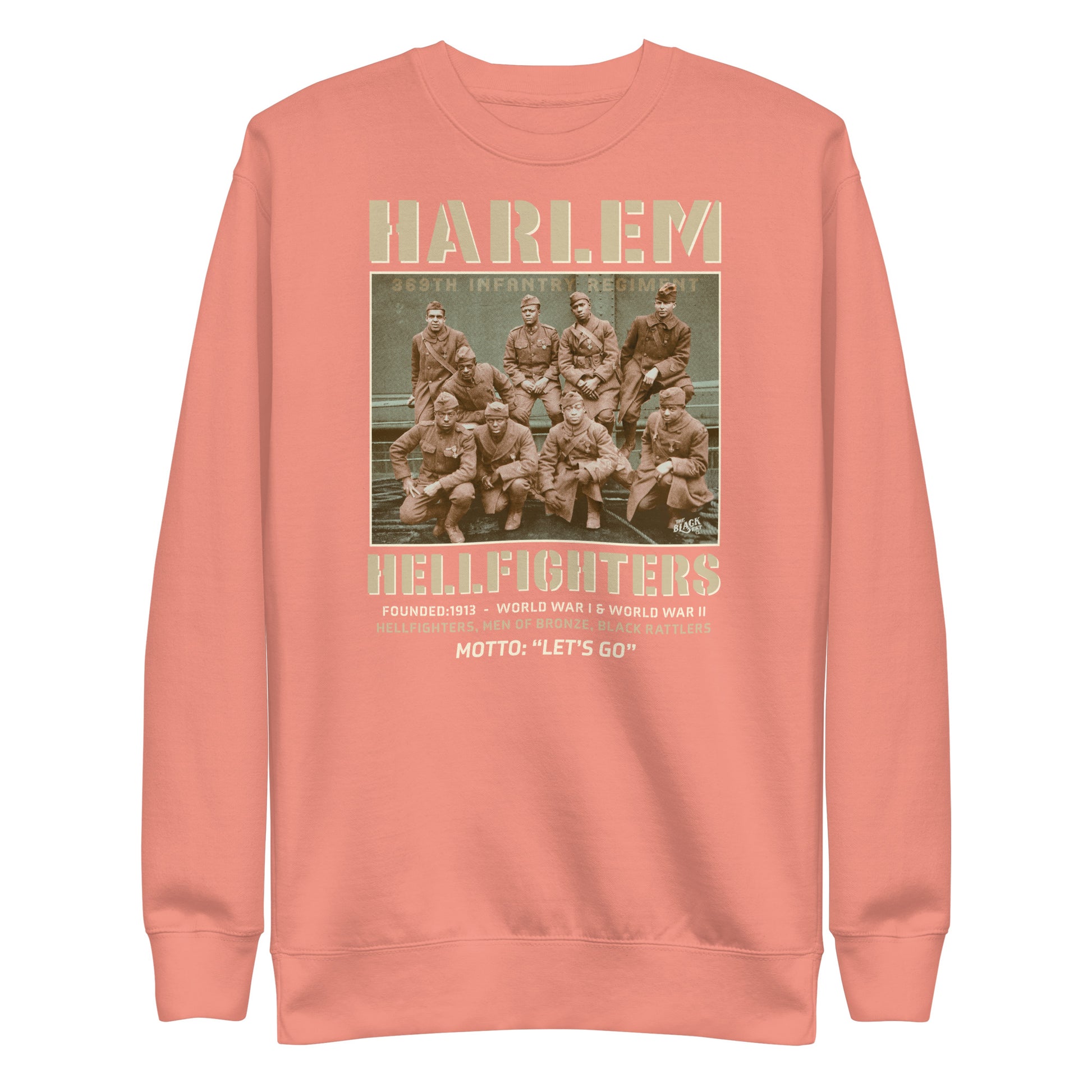 coral pink premium sweatshirt with a vintage image of wwi soldiers with text that reads harlem hellfighters