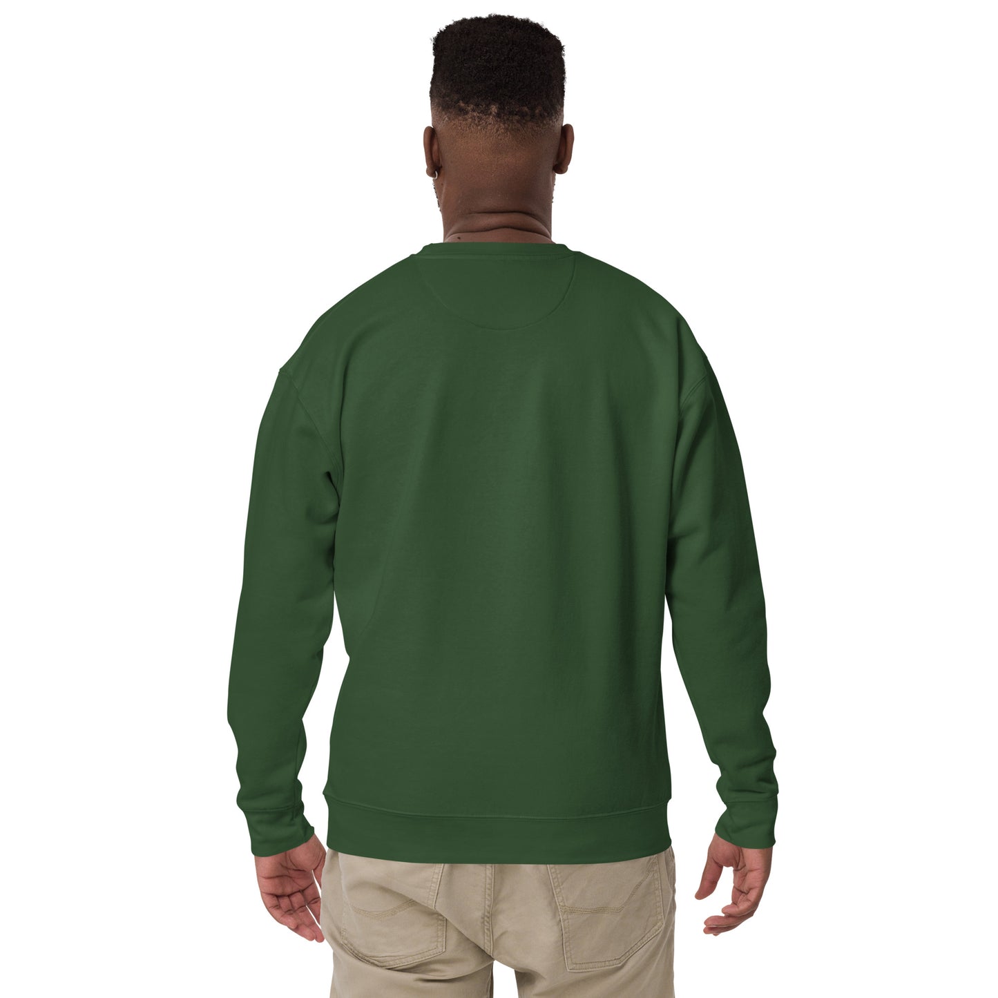 man showing the back of a green premium sweatshirt with a vintage image of wwi soldiers and text that reads harlem hellfighters