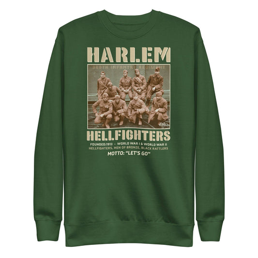 green premium sweatshirt with a vintage image of wwi soldiers and text that reads harlem hellfighters