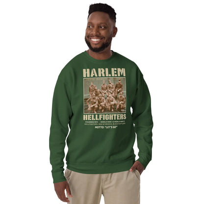man wearing a green premium sweatshirt with a vintage image of wwi soldiers and text that reads harlem hellfighters