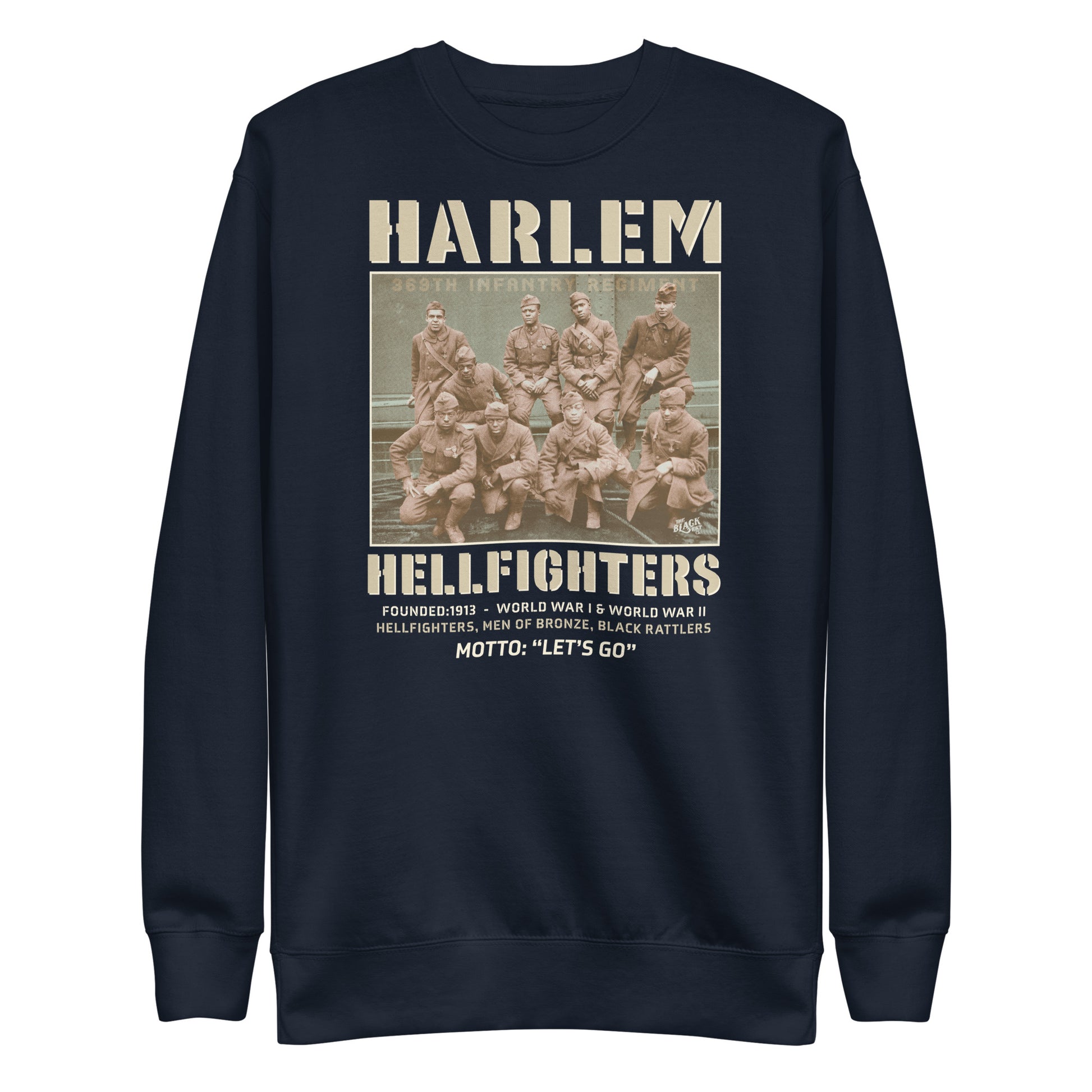 navy premium sweatshirt with a vintage image of wwi soldiers with text that reads harlem hellfighters