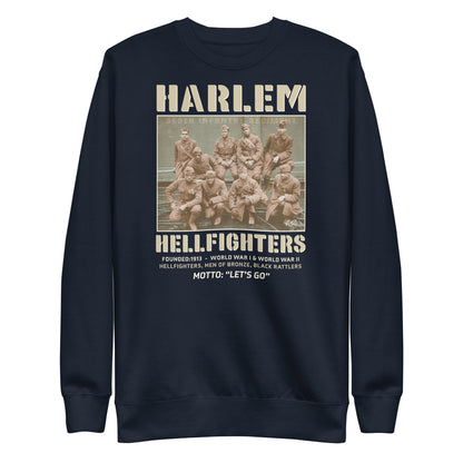 navy premium sweatshirt with a vintage image of wwi soldiers with text that reads harlem hellfighters