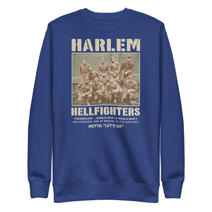 royal blue premium sweatshirt with a vintage image of wwi soldiers with text that reads harlem hellfighters