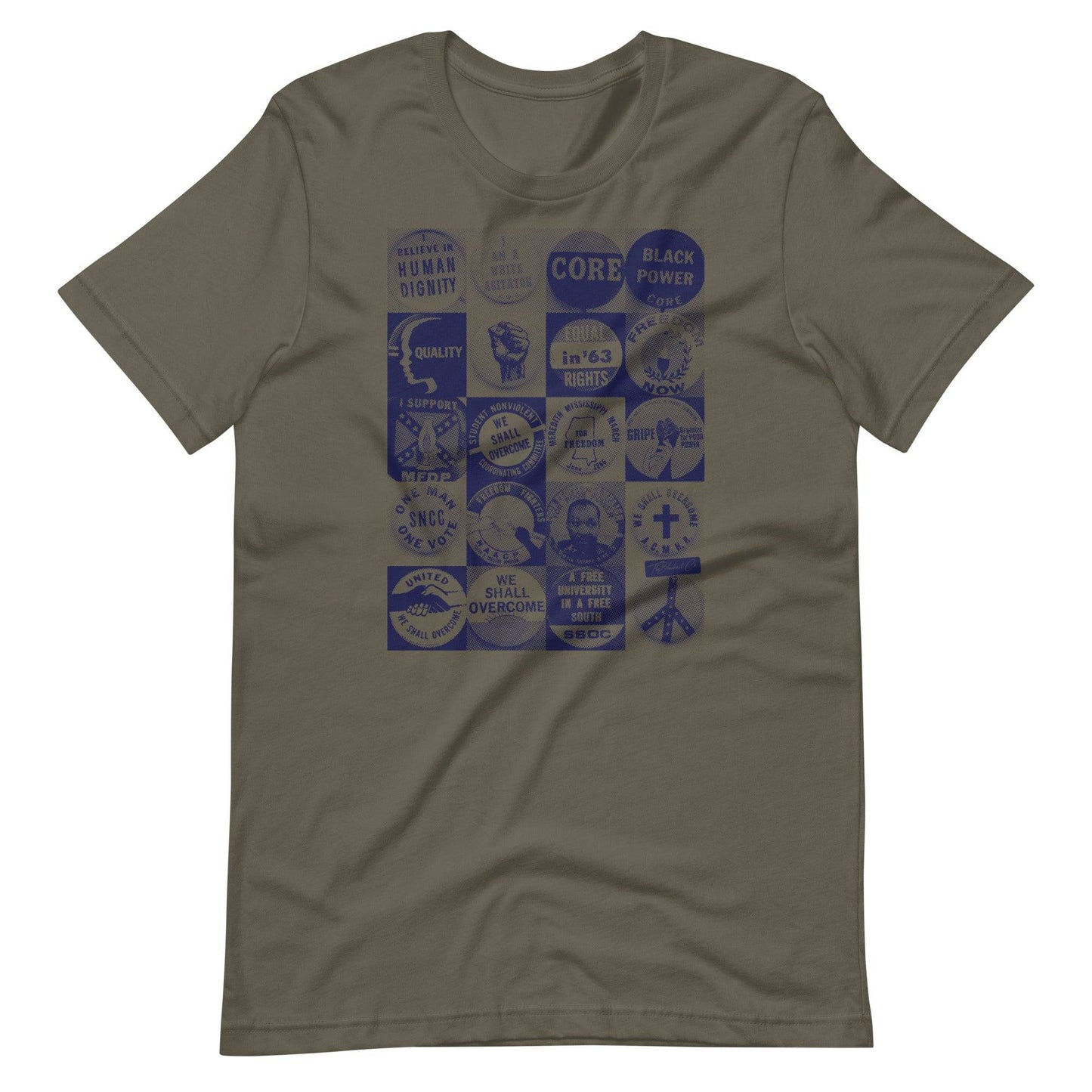 a t - shirt with a bunch of civil rights buttons graphics on it