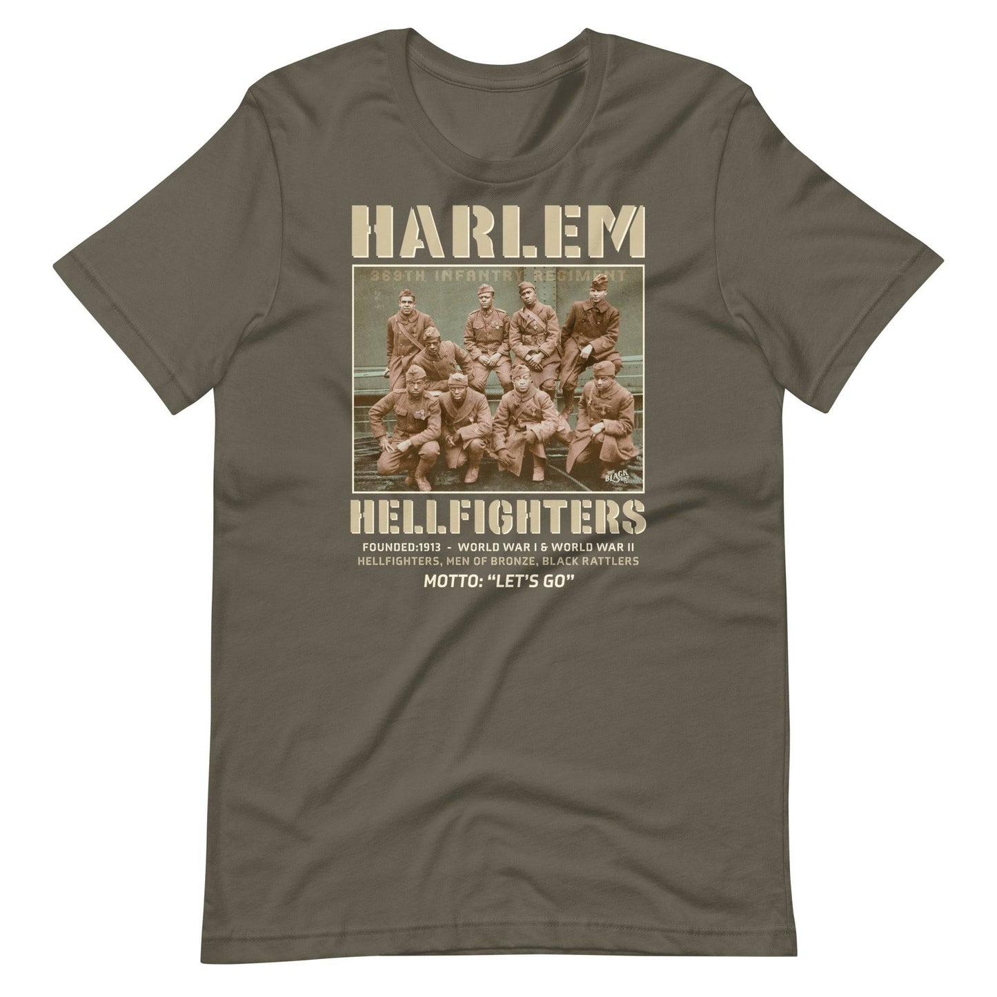 army green t shirt with an image of the harlem hellfighters graphic design