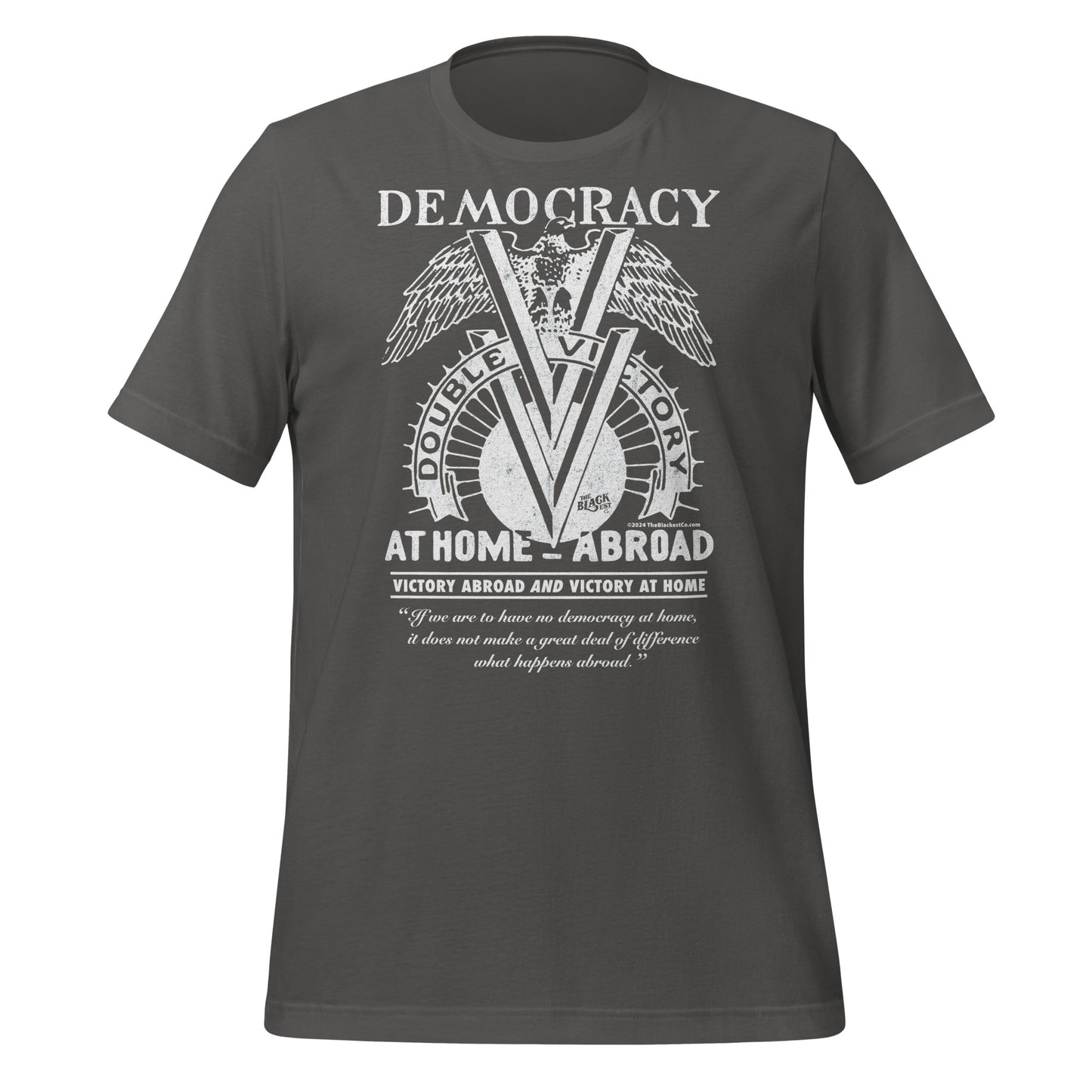 Charcoal gray Double V Campaign WWII Black Soldiers Fashion T-Shirt with vintage-style white print, honoring Black veterans.