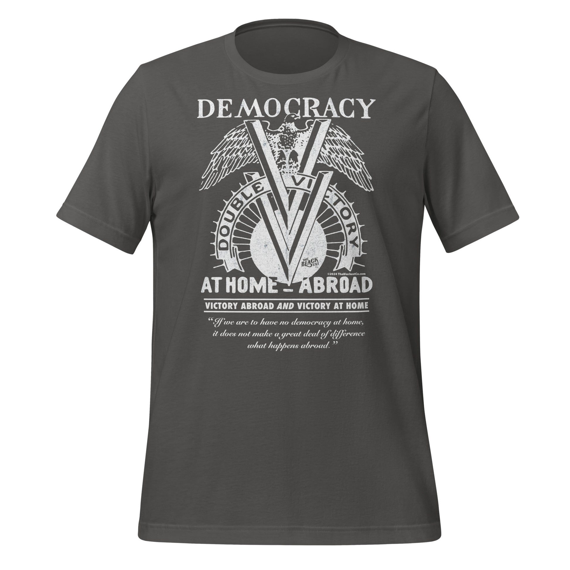 Charcoal gray Double V Campaign WWII Black Soldiers Fashion T-Shirt with vintage-style white print, honoring Black veterans.
