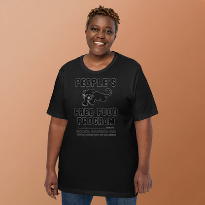 Black On Black BPP Free Food Program Fashion Unisex T-shirt worn by smiling woman, showcasing cultural empowerment design in relaxed fit.