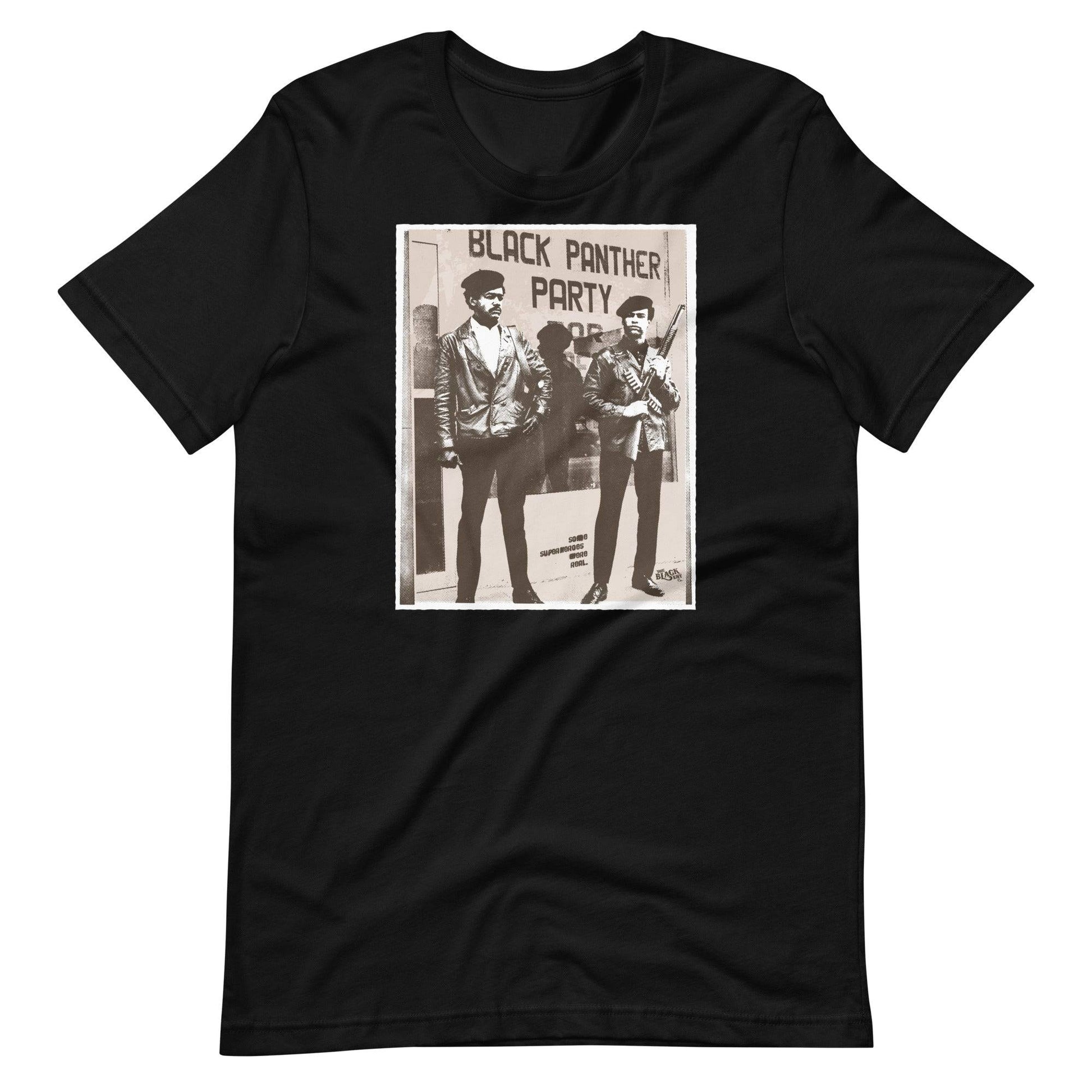 a black t - shirt with a picture of two men standing next to each other