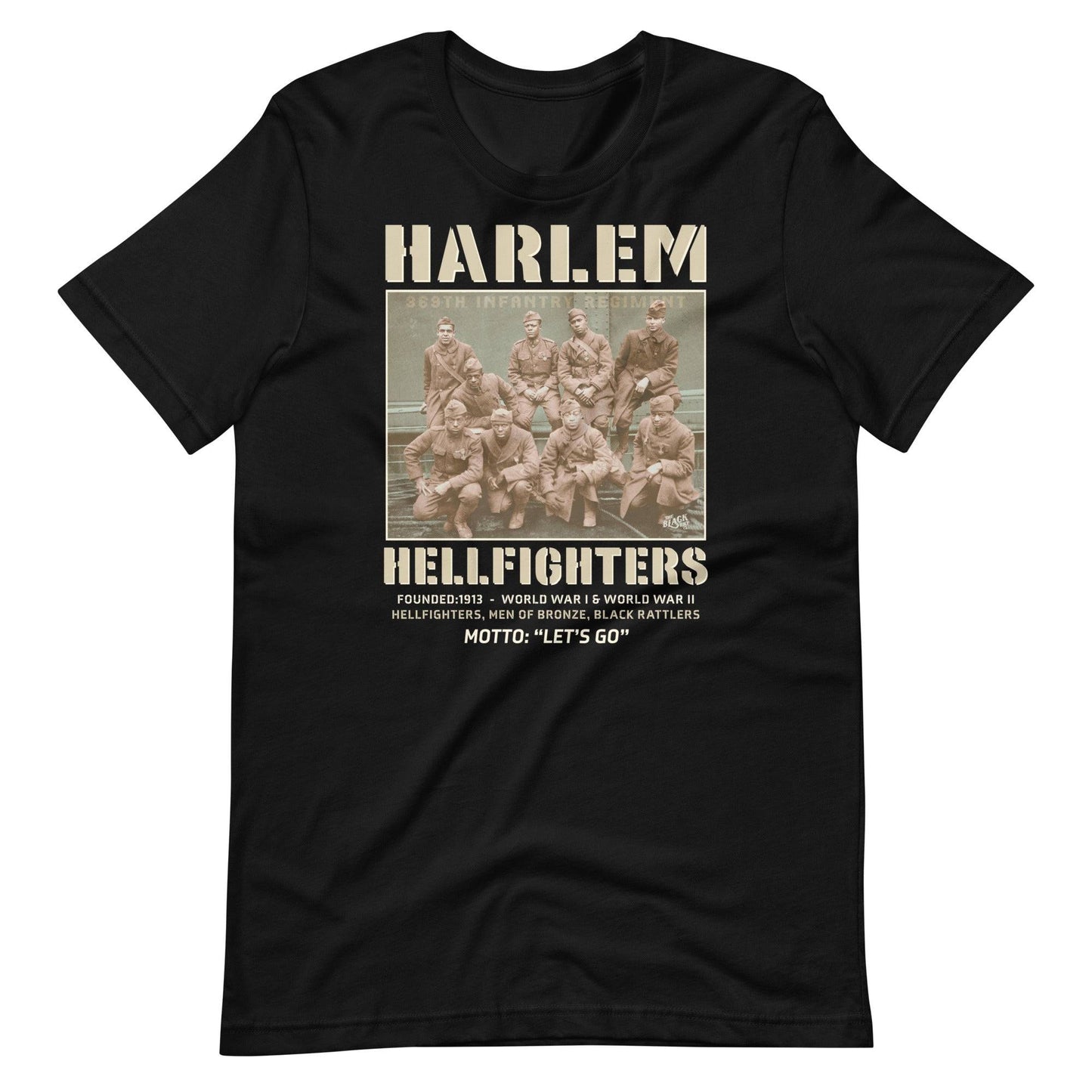 black t shirt with an image of the harlem hellfighters graphic design
