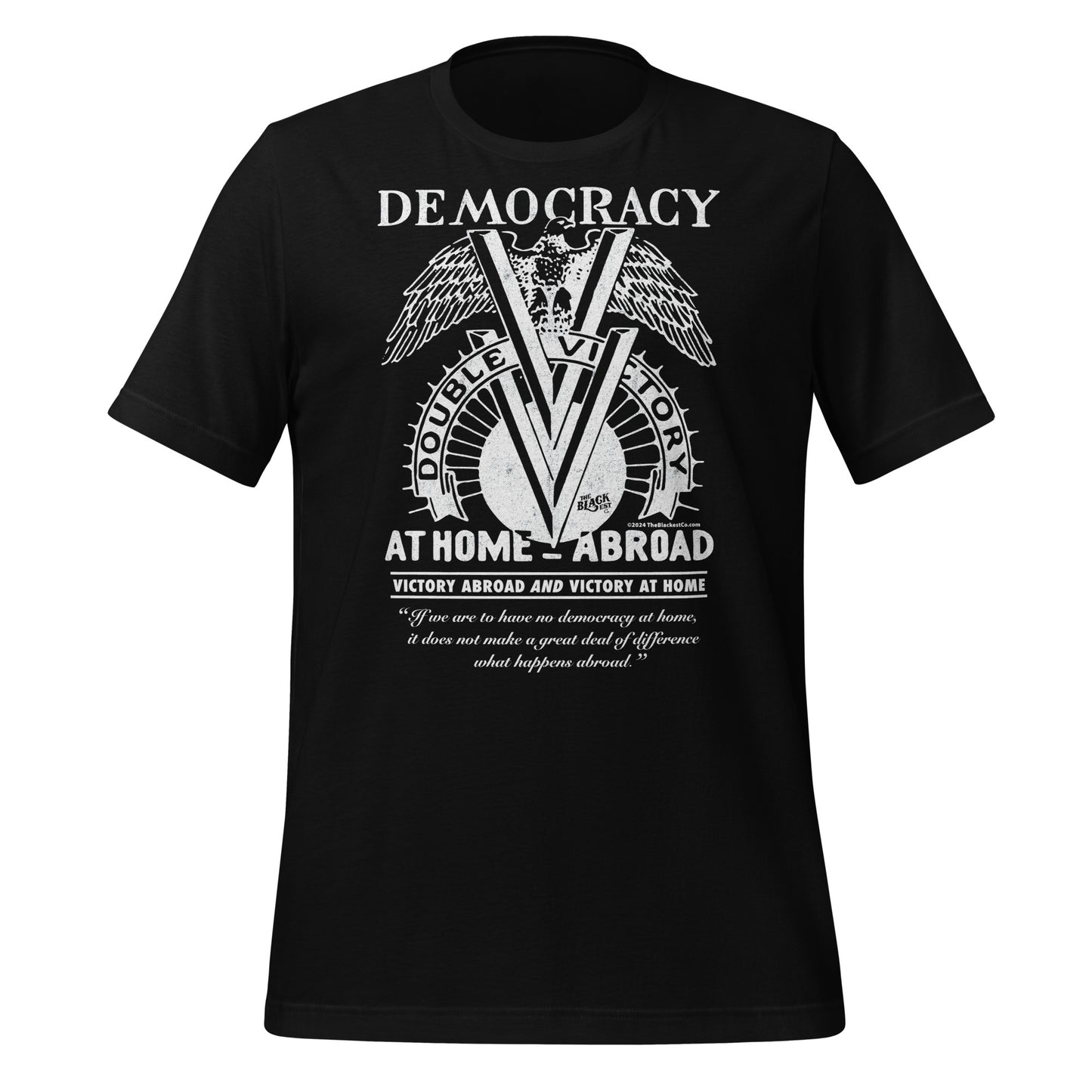 Black Double V Campaign WWII Black Soldiers Fashion T-Shirt with white graphic print, honoring Black veterans and WWII history.