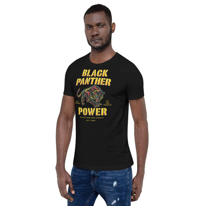 a man wearing a black panther power t - shirt