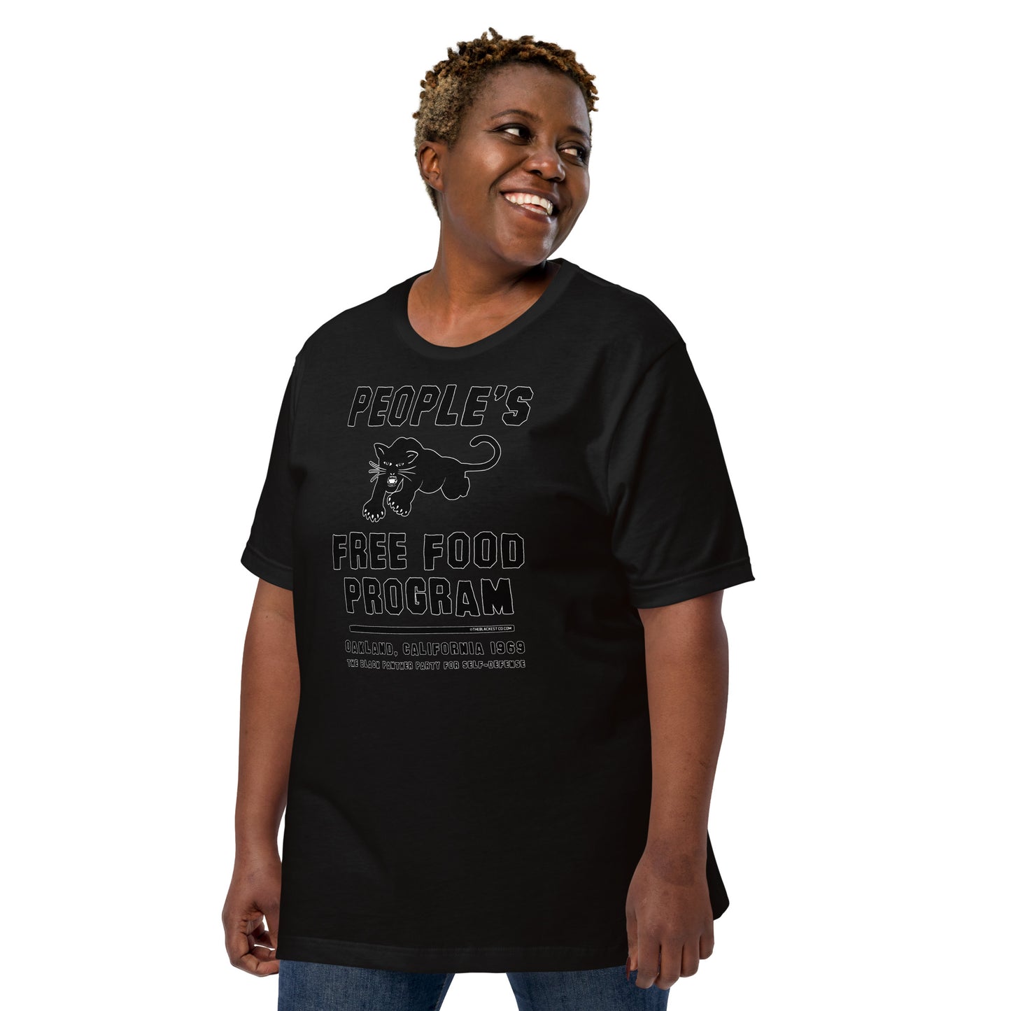 Black On Black BPP Free Food Program Fashion Unisex T-shirt modeled by woman in casual pose, celebrating Black Panther legacy and unity.
