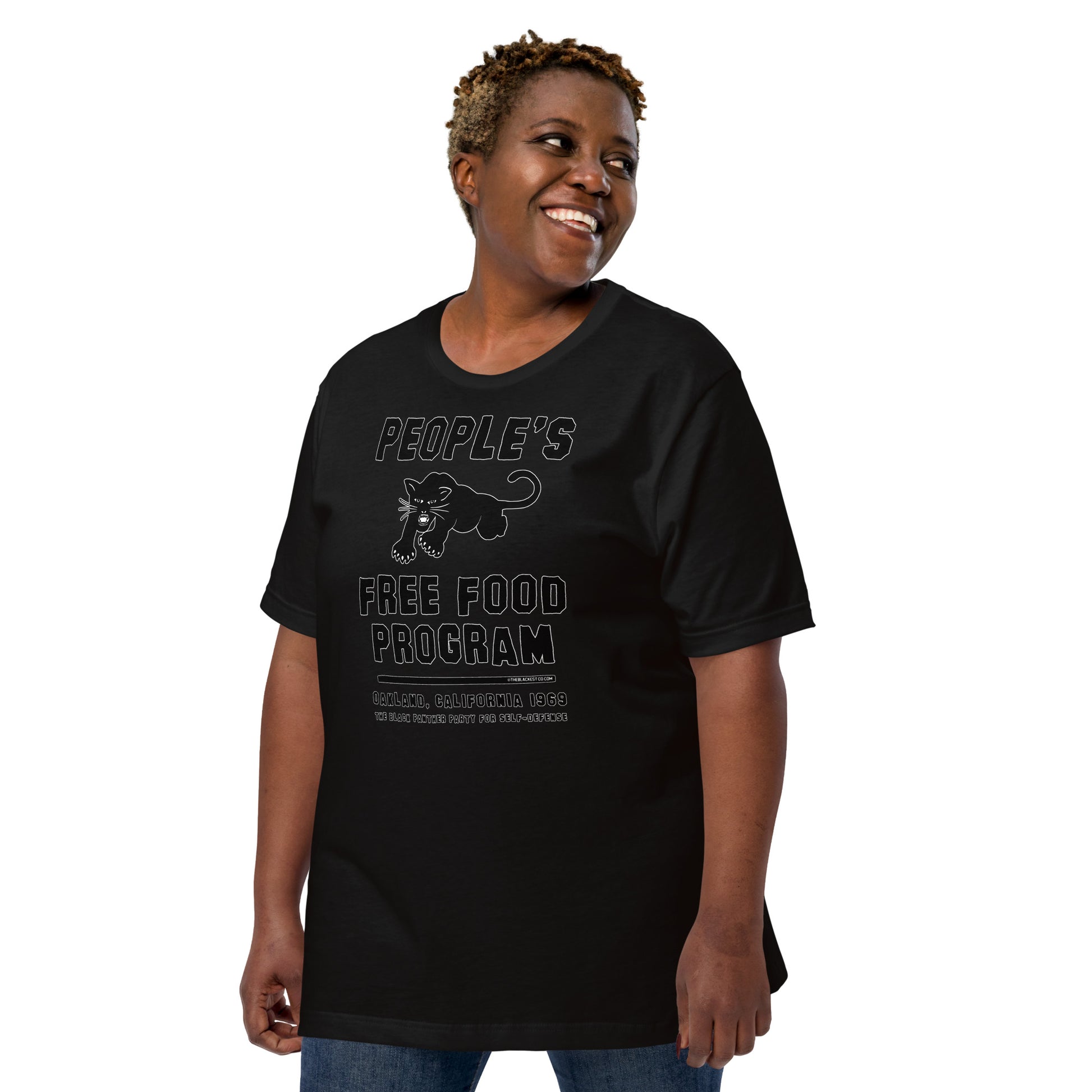 Black On Black BPP Free Food Program Fashion Unisex T-shirt modeled by woman in casual pose, celebrating Black Panther legacy and unity.