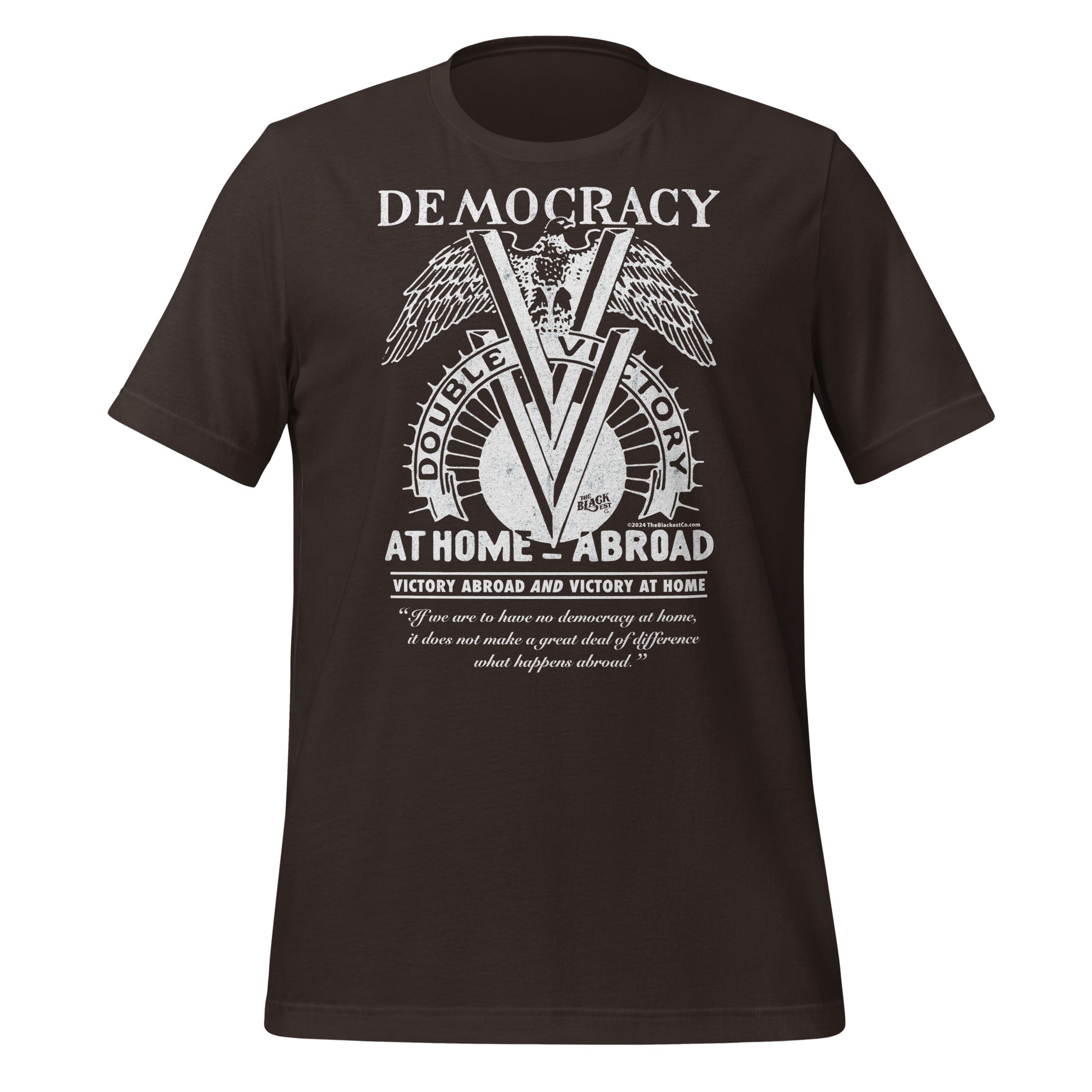 Brown Double V Campaign WWII Black Soldiers Fashion T-Shirt with bold white print, blending fashion with historical awareness.