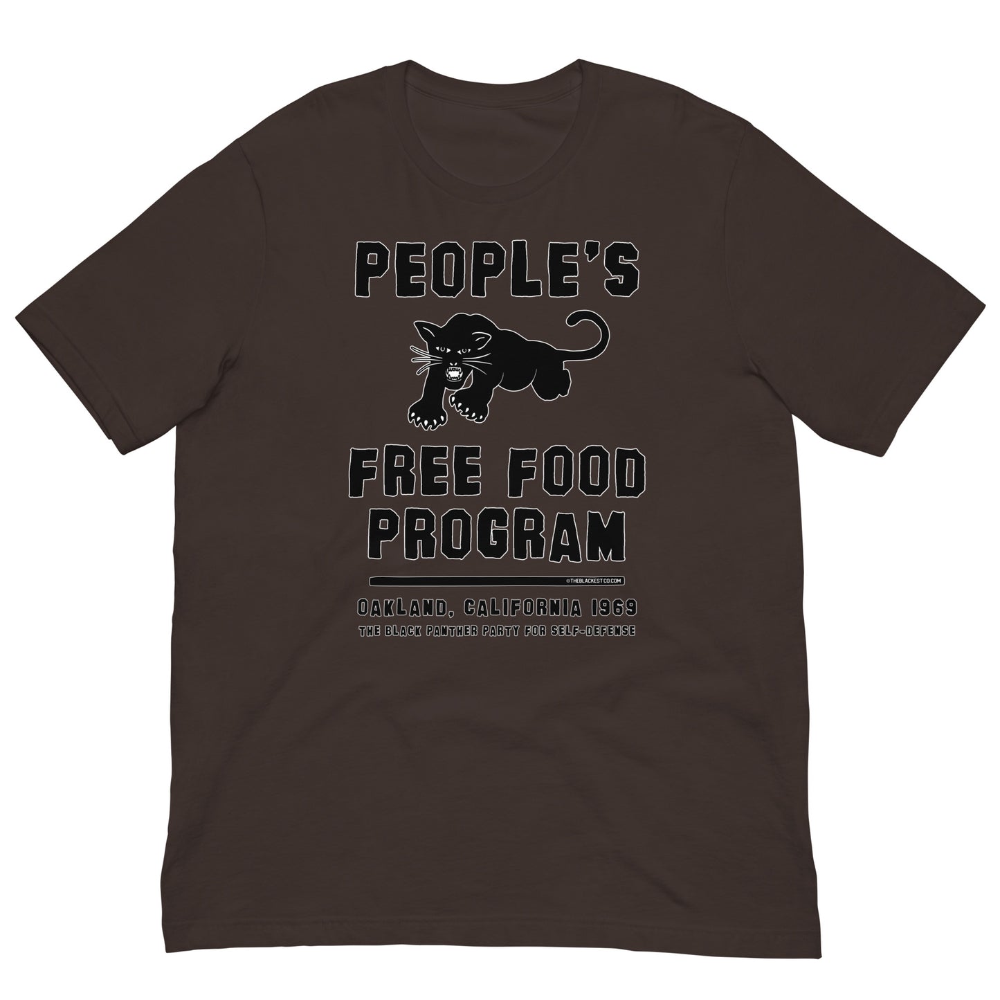 Brown version of Black On Black BPP Free Food Program Fashion Unisex T-shirt with bold activist text and panther graphic, laid flat.