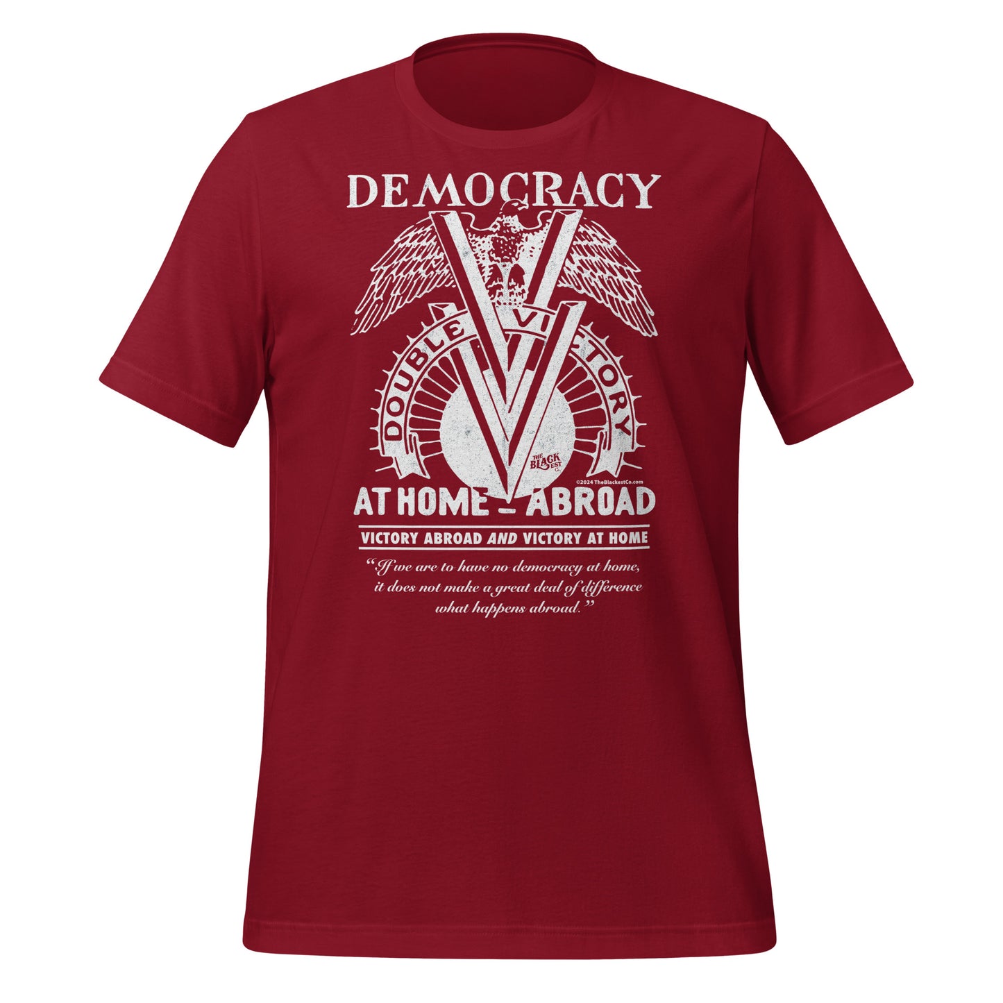 Red Double V Campaign WWII Black Soldiers Fashion T-Shirt with white graphic, honoring WWII Black soldiers and civil rights legacy.