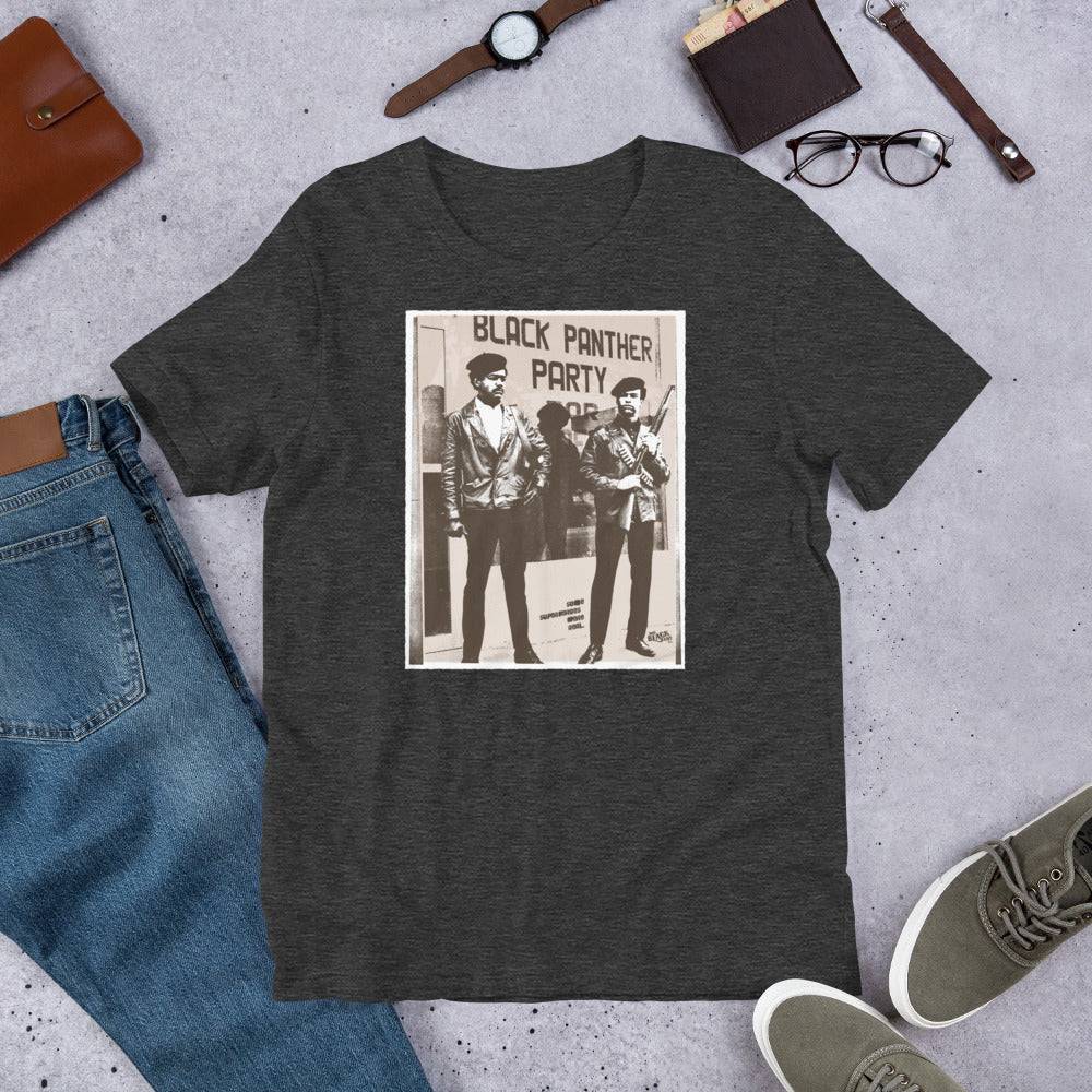 t shirt with vintage image of huey newton and bobby seale standing togther
