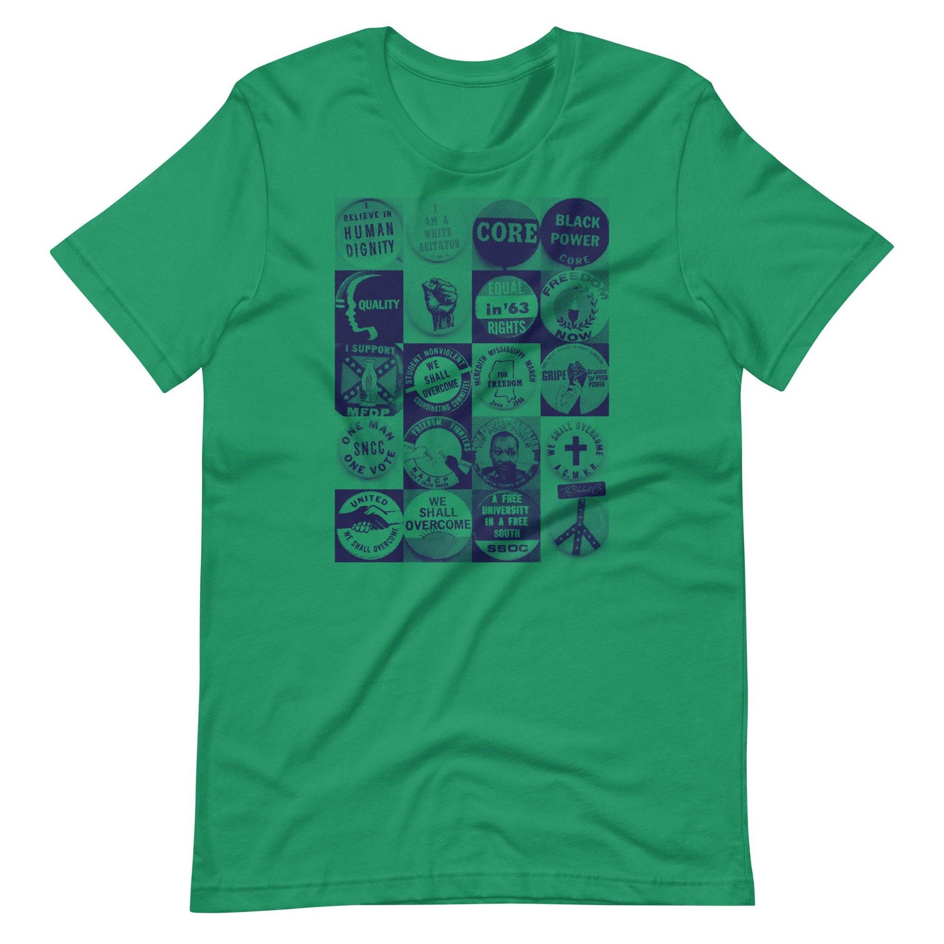 a green t - shirt with a bunch of civil rights buttons graphics on it