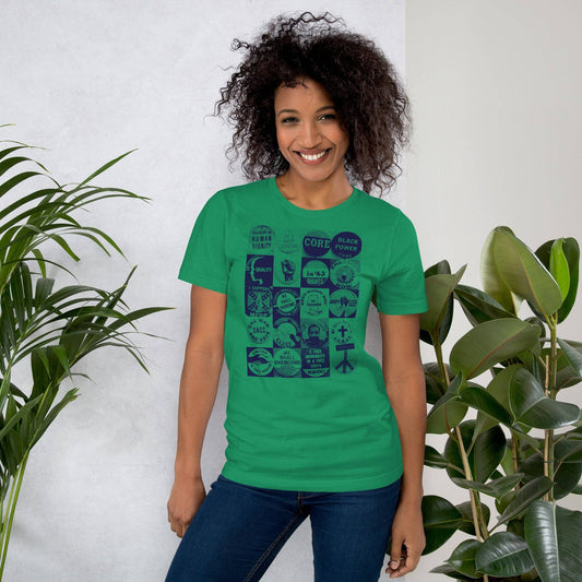 a woman wearing a green t - shirt with civil rights buttons graphics and smiling