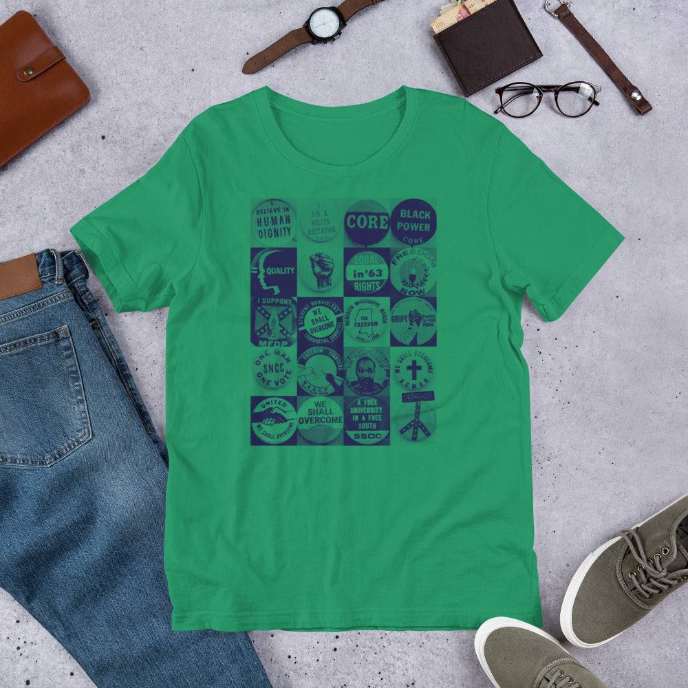 a green t - shirt with images of civil rights buttons graphics on it