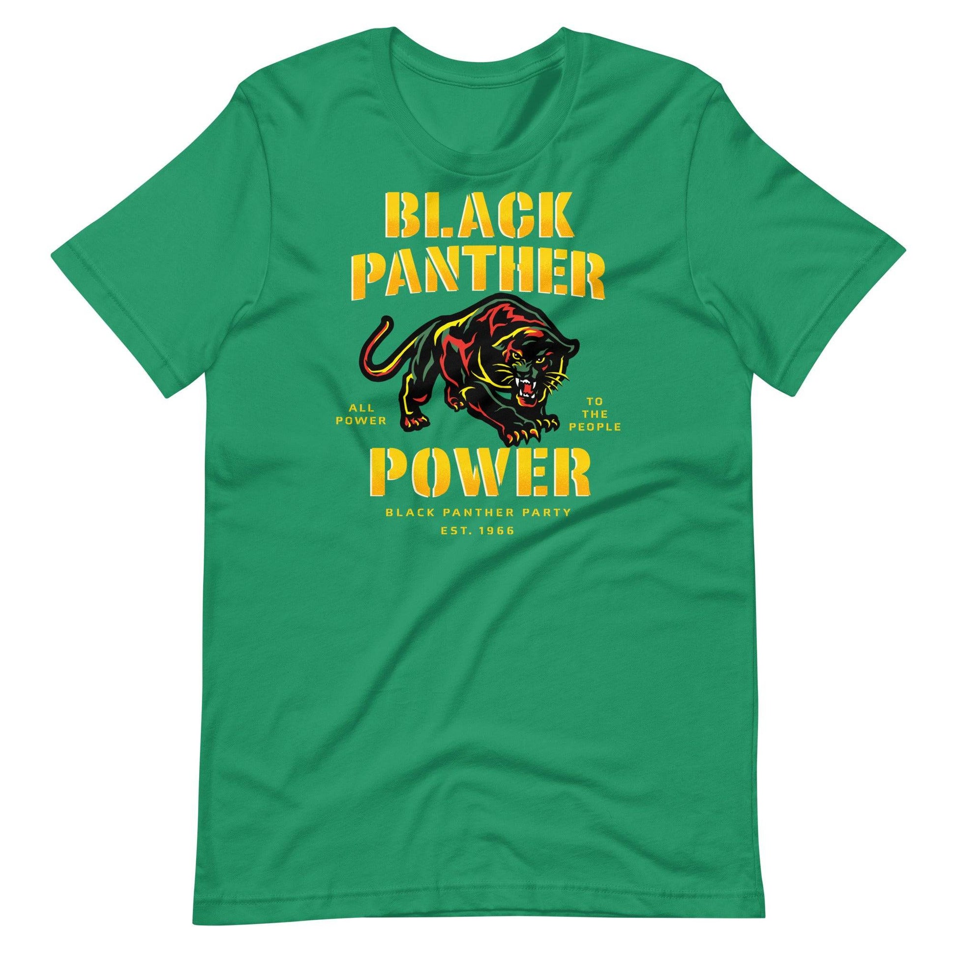 a green t - shirt with a black panther on it