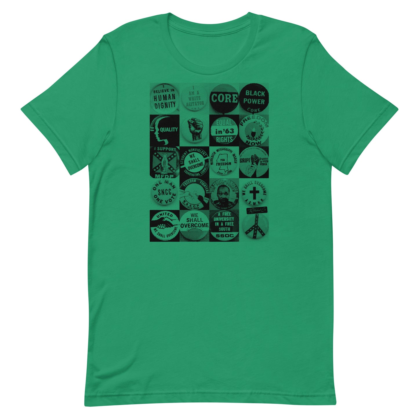 Flat lay of green Civil Rights Button T-Shirt. Features bold black civil rights button designs on soft cotton fabric.